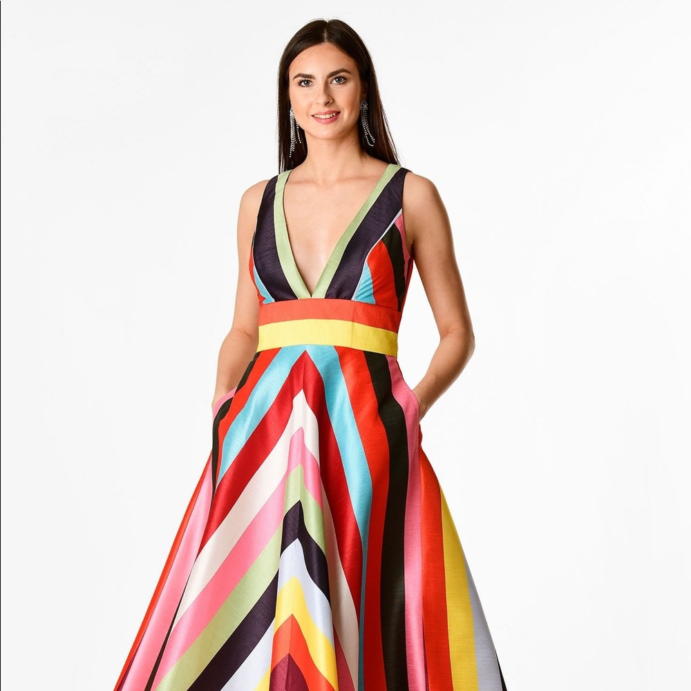 SOLD Rainbow Stripe Dupioni Silk Cocktail Dress